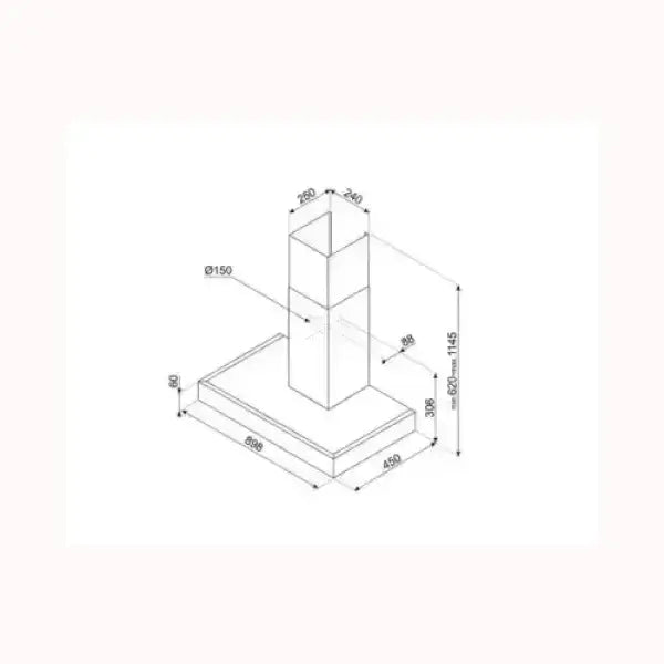 Schema tecnico di una cappa SMEG con misure dettagliate per installazione in cucina