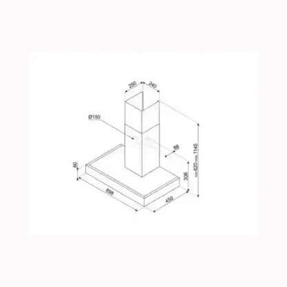 Schema tecnico di una cappa SMEG con misure dettagliate per installazione in cucina