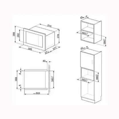Disegno tecnico forno incasso SMEG con misure dettagliate per montaggio in cucina