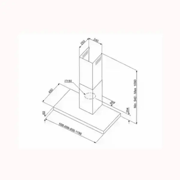 Disegno tecnico con misure dettagliate di una cappa da cucina SMEG moderna e rettangolare
