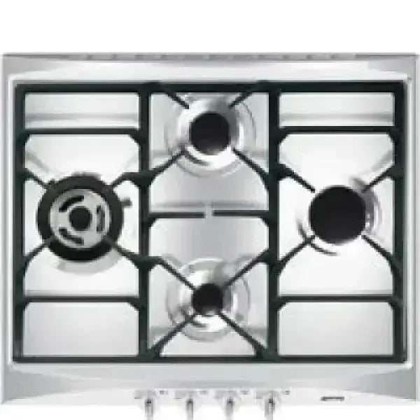 Piano cottura a gas SMEG in acciaio inox con quattro bruciatori e manopole frontali