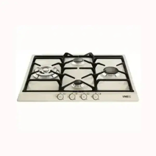 Piano cottura a gas SMEG in acciaio inox con quattro fuochi e manopole frontali