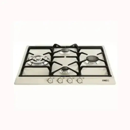 Piano cottura a gas SMEG in acciaio inox con quattro fuochi e manopole frontali