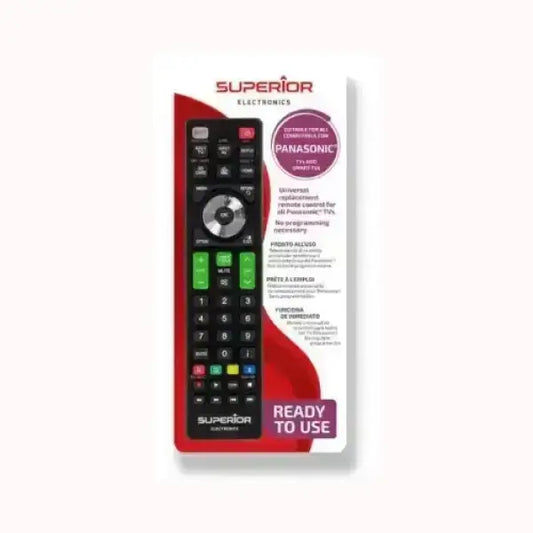 Telecomando Universale Superior Electronics in confezione Ready to Use per TV Panasonic e altri modelli, pulsanti neri e verdi