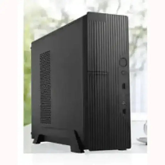 Case PC nero verticale con design a linee sottili marca TECNO per computer desktop