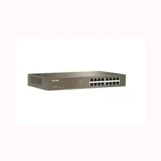 Switch di rete TENDA a 16 porte Ethernet in chassis metallico grigio per connessioni LAN aziendali
