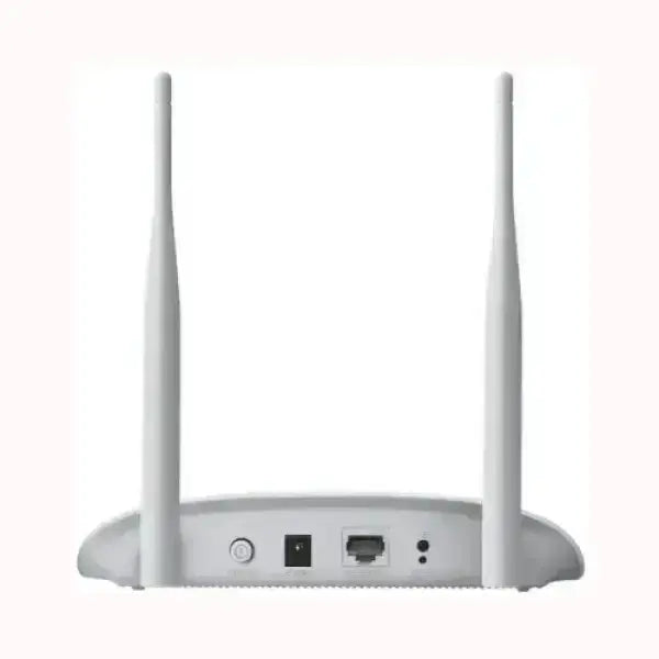 Access Point TPLINK bianco con due antenne dorsali, porta Ethernet e ingresso alimentazione, ideale per rete WiFi domestica