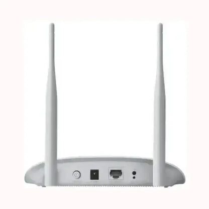 Access Point TPLINK bianco con due antenne dorsali, porta Ethernet e ingresso alimentazione, ideale per rete WiFi domestica