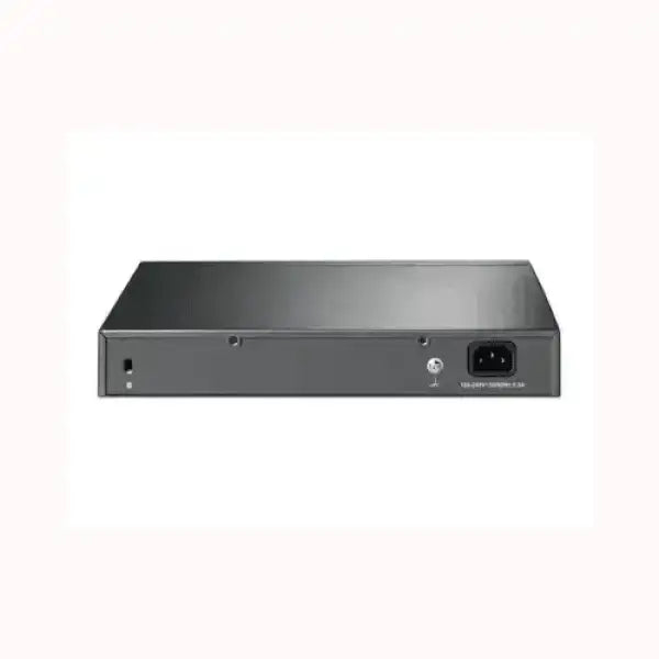 Switch di rete TPLINK compatto in metallo con ingresso alimentazione e porte Ethernet posteriori