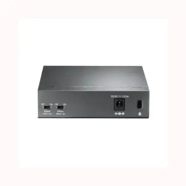 Switch TPLINK compatto grigio con porte Ethernet frontali e ingresso alimentazione per ufficio