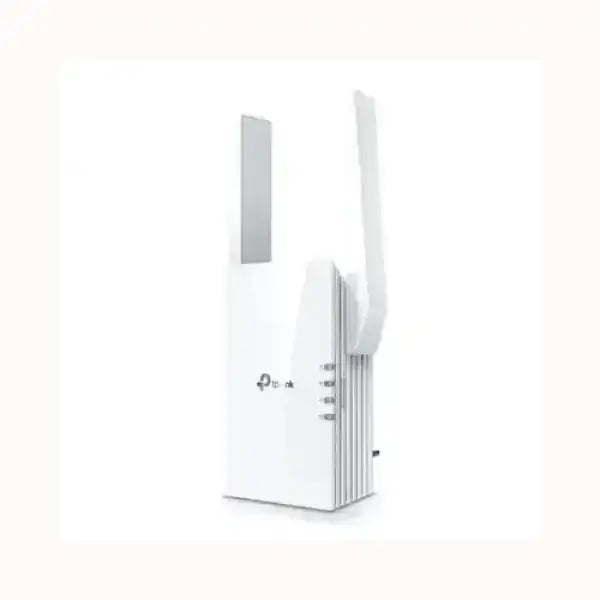 Ripetitore WiFi TPLINK bianco con doppia antenna esterna design compatto e indicatori LED