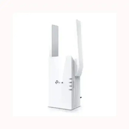 Ripetitore WiFi TPLINK bianco con doppia antenna esterna design compatto e indicatori LED