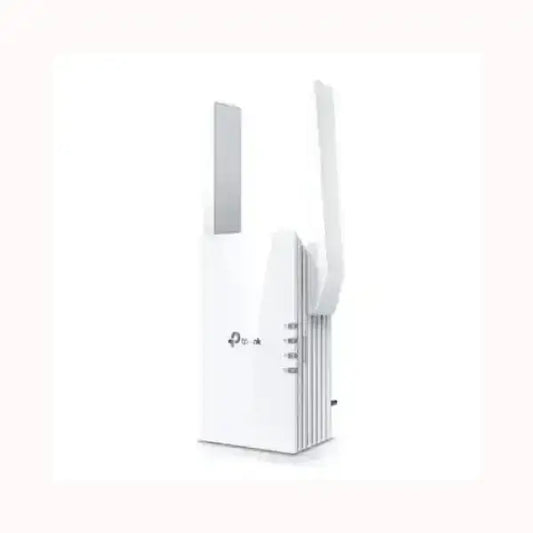 Ripetitore WiFi TPLINK bianco con doppia antenna esterna design compatto e indicatori LED