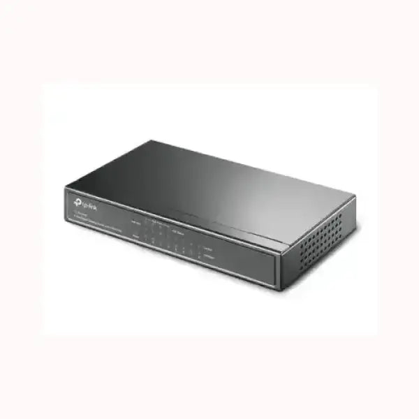 Switch di rete TPLINK compatto grigio scuro con ventilazione laterale LED di stato e porte Ethernet per ufficio