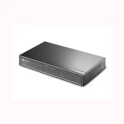 Switch di rete TPLINK compatto grigio scuro con ventilazione laterale LED di stato e porte Ethernet per ufficio