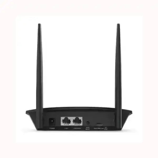 Router TPLINK nero con due antenne posteriori e porte LAN per connessione cablata