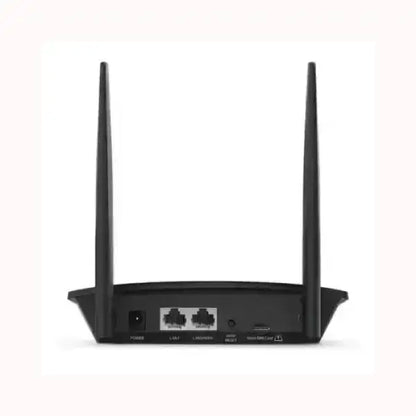 Router TPLINK nero con due antenne posteriori e porte LAN per connessione cablata