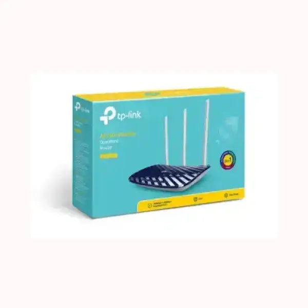 Router TPLINK wireless con tre antenne esterne e confezione blu e gialla