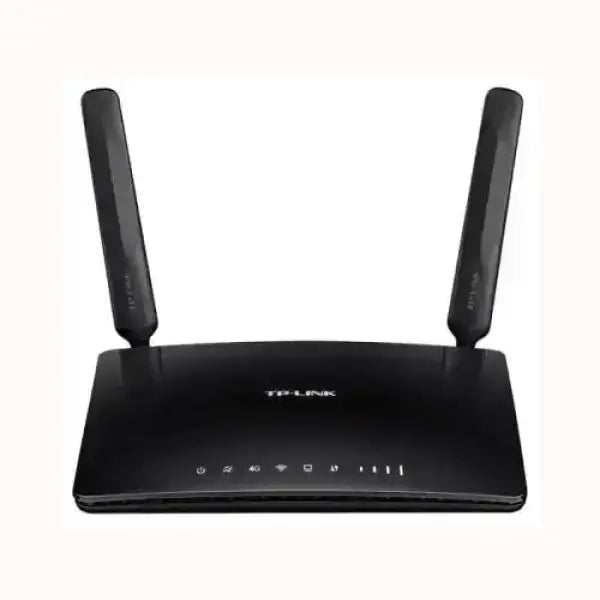 Router wireless nero con due antenne esterne e indicatori LED tecnologia TPLINK