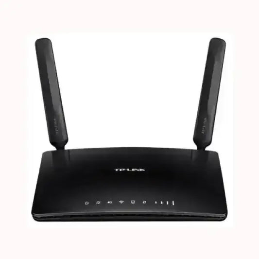 Router wireless nero con due antenne esterne e indicatori LED tecnologia TPLINK
