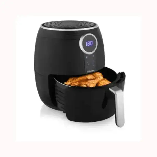 Friggitrice ad aria Tristar nera con display digitale e cestello aperto con cibo dorato