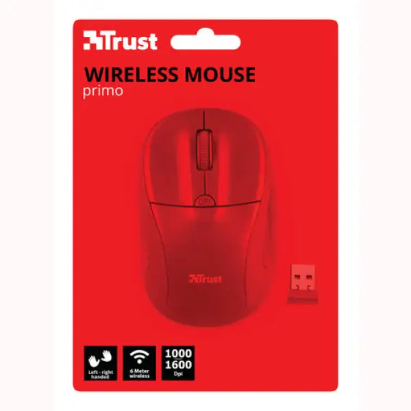 Mouse wireless Trust Primo rosso con ricevitore USB e risoluzione 1000 1600 dpi in confezione