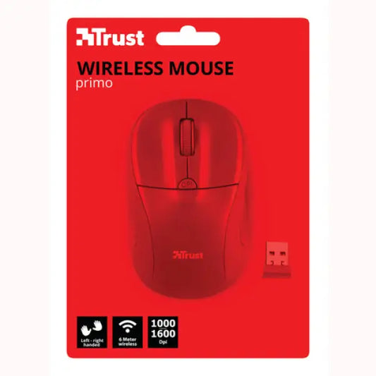 Mouse wireless Trust Primo rosso con ricevitore USB e risoluzione 1000 1600 dpi in confezione
