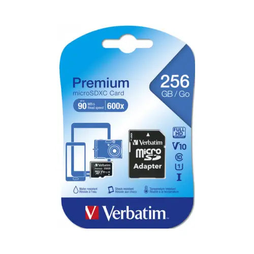 Scheda microSD Verbatim Premium da 256 GB con adattatore e velocità di lettura di 90 MB/s