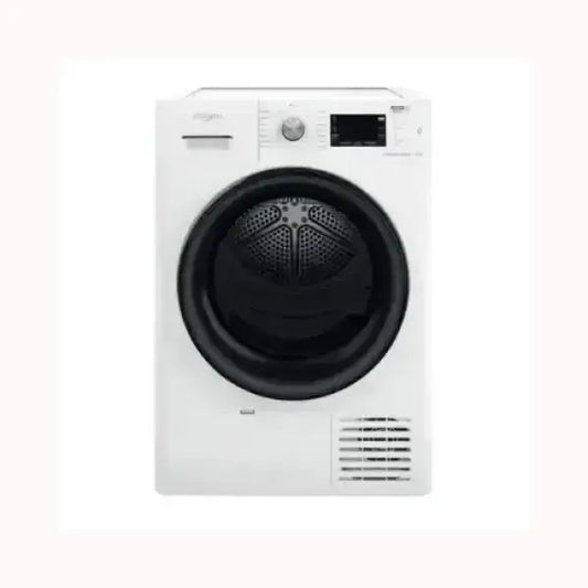 Asciugatrice WHIRLPOOL bianca con porta nera e pannello di controllo digitale frontale