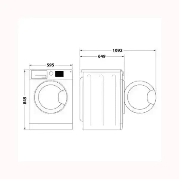 Schema tecnico asciugatrice WHIRLPOOL con dimensioni e porte frontali e laterali aperte