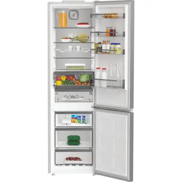 Frigo combinato Whirlpool bianco con congelatore inferiore e interno ben organizzato