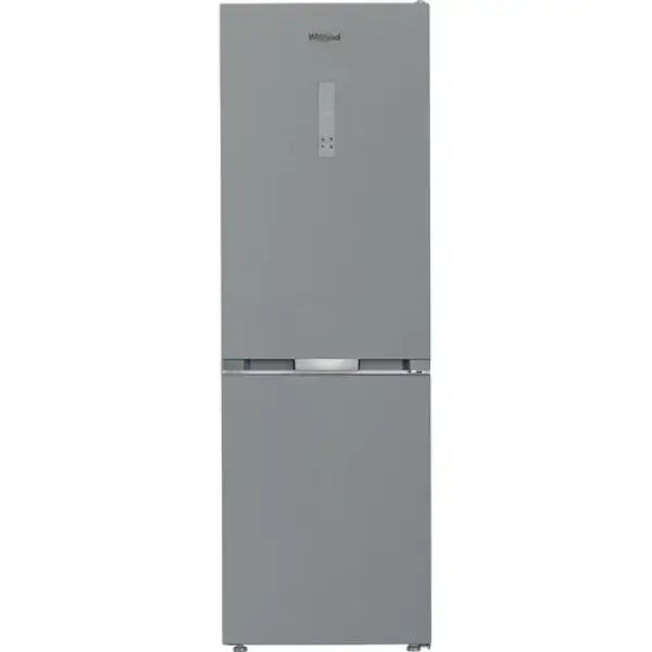 Frigorifero Whirlpool verticale grigio con doppia porta e design moderno