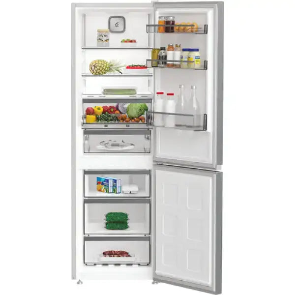 Frigorifero Whirlpool bianco con porte aperte che mostra scomparti interni per alimenti freschi e surgelati