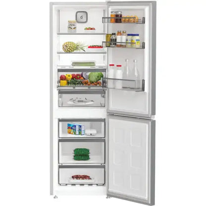 Frigorifero Whirlpool bianco con porte aperte che mostra scomparti interni per alimenti freschi e surgelati