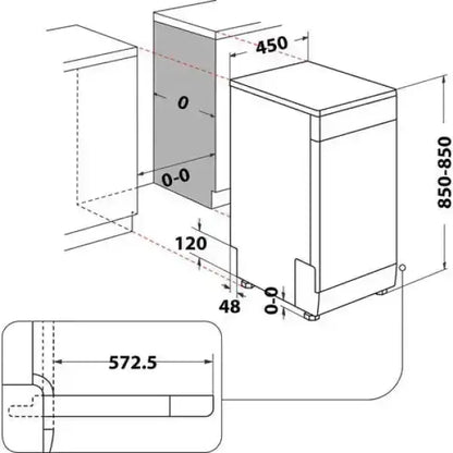 Diagramma tecnico con misure di una whirlpool lavastoviglie compatta con altezza regolabile