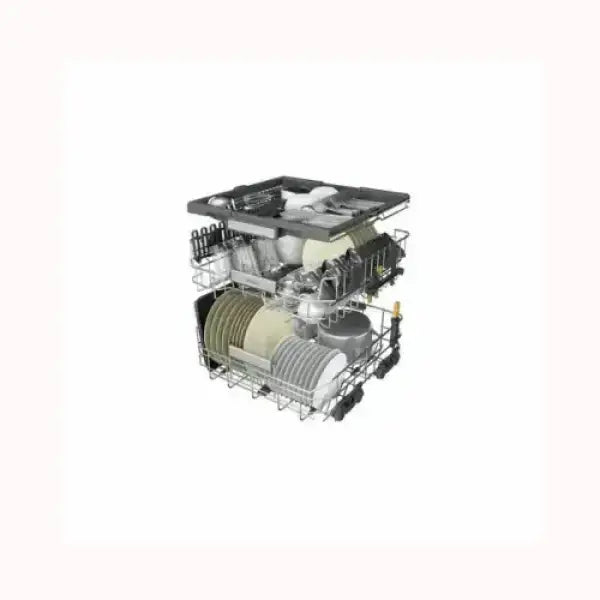 Lavastoviglie WHIRLPOOL con doppio cestello carico di piatti e utensili per pulizia efficiente
