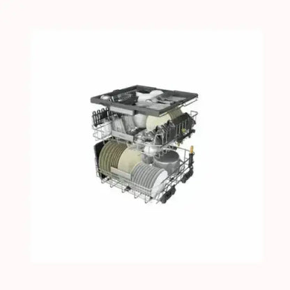Lavastoviglie WHIRLPOOL con doppio cestello carico di piatti e utensili per pulizia efficiente