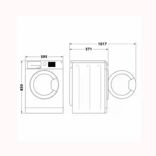Disegno tecnico della lavatrice WHIRLPOOL con dimensioni precise vista frontale e laterale