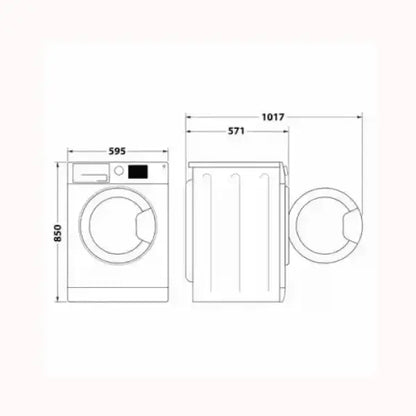 Disegno tecnico della lavatrice WHIRLPOOL con dimensioni precise vista frontale e laterale