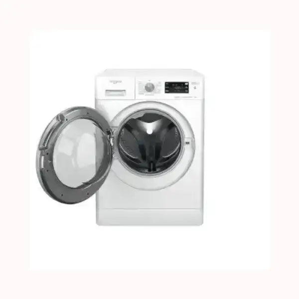 Lavatrice WHIRLPOOL bianca con sportello frontale aperto e pannello comandi digitale