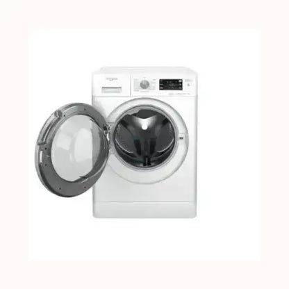 Lavatrice WHIRLPOOL bianca con sportello frontale aperto e pannello comandi digitale