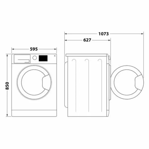 Progetto tecnico dettagliato di una lavatrice Whirlpool con misure di altezza, larghezza e profondità
