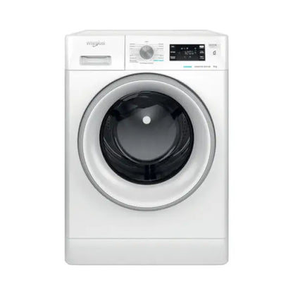 Lavatrice Whirlpool bianca a carica frontale con pannello di controllo digitale e manopola