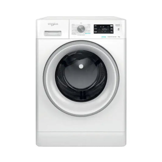 Lavatrice Whirlpool bianca a carica frontale con pannello di controllo digitale e manopola