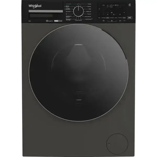 Lavatrice Whirlpool a carica frontale nera con pannello di controllo digitale e manopola centrale