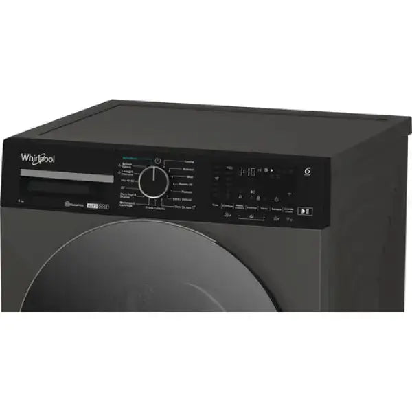 Pannello di controllo nero di lavatrice Whirlpool con selettore programmi e display digitale