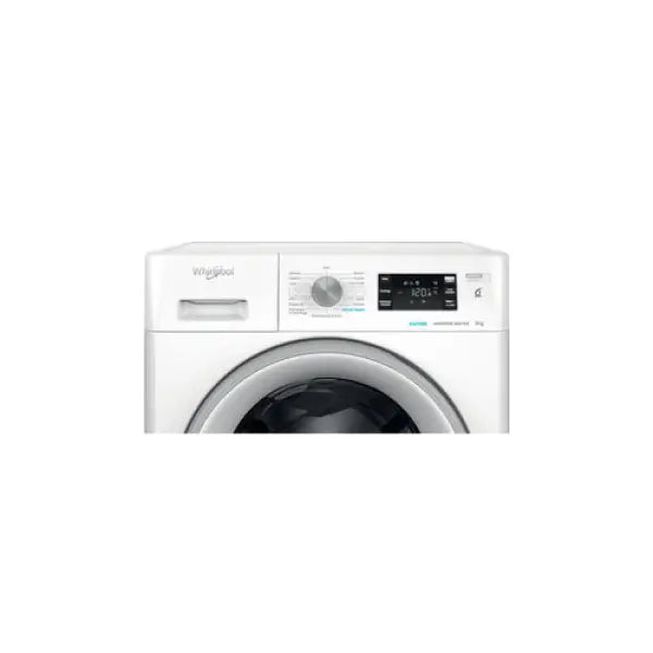Pannello di controllo moderno e display digitale di una lavatrice Whirlpool bianca