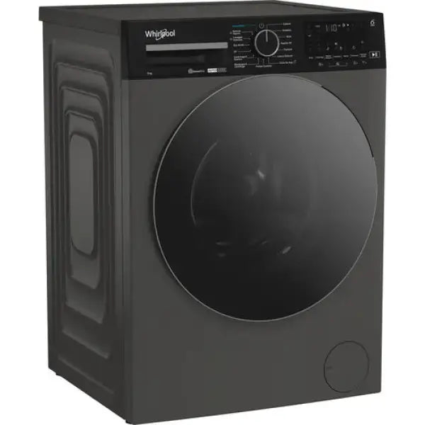 Lavatrice Whirlpool nera con sportello frontale e pannello di controllo digitale