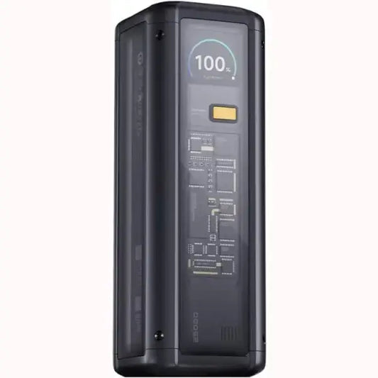 Xiaomi Powerbank nero con display digitale che mostra la percentuale di carica e interno trasparente