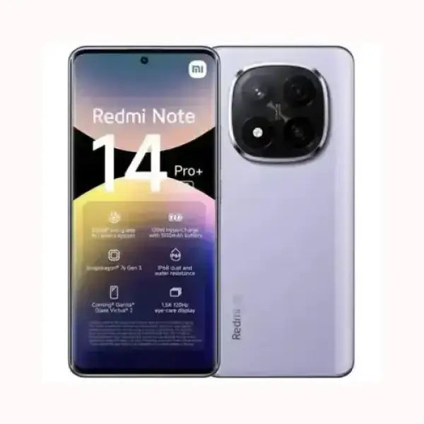 Smartphone Xiaomi Redmi Note 14 Pro+ colore lilla con schermo grande e tripla fotocamera posteriore